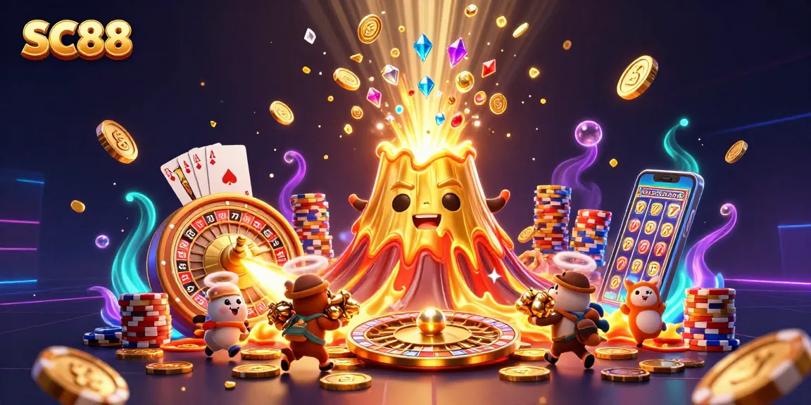 Experience the vibrant SC88 casino universe with a golden volcano erupting coins and joyous treasures.