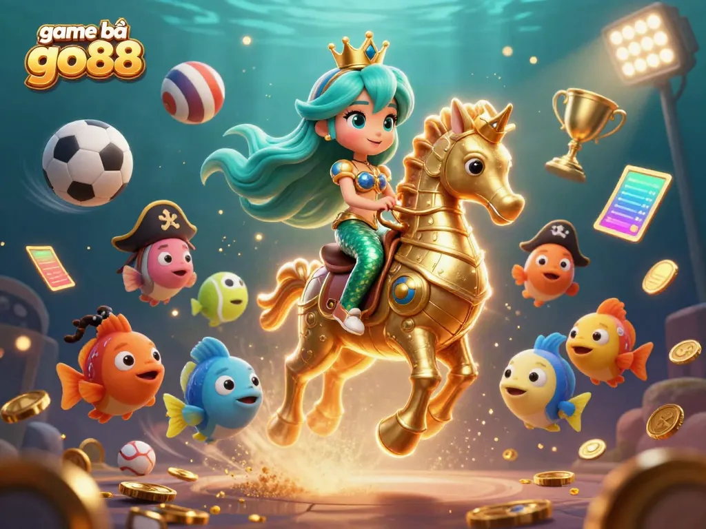 Experience the excitement of game bài go88 with a vibrant underwater scene featuring a mermaid princess and dynamic sports elements.