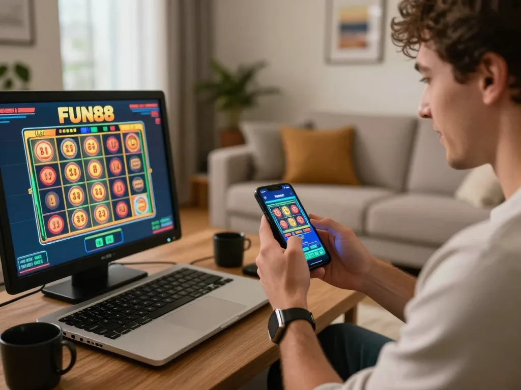Player enjoying exciting FUN88 online slot game on smartphone in stylish living room