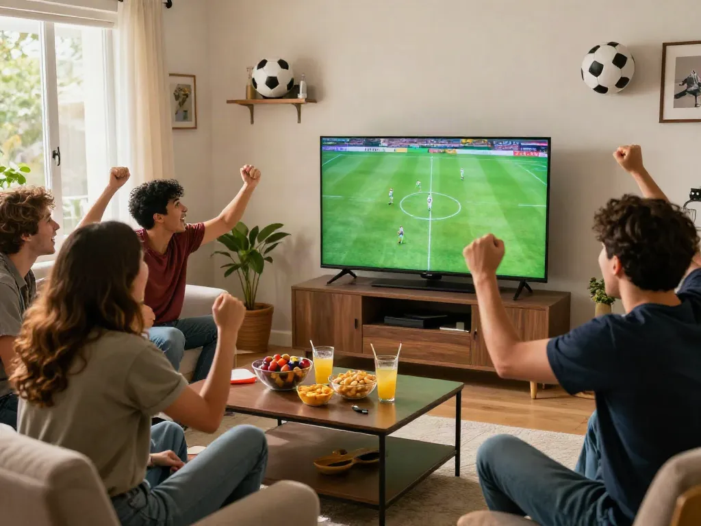 Friends celebrating football matches with gà vàngtv broadcasts in a cozy living room.