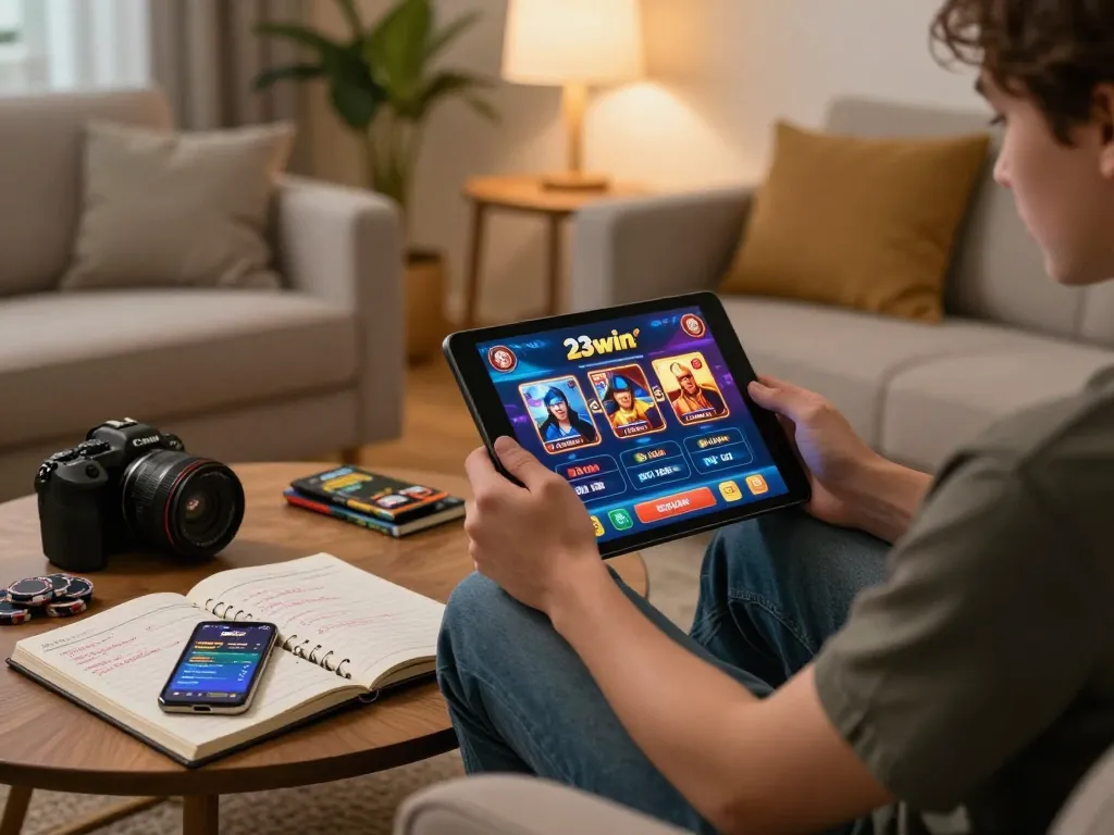 Engaged player exploring 23win com online casino games on a tablet.
