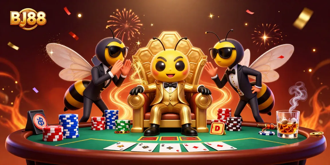 Engage with BJ88's thrilling card games showcased in a vibrant casino scene with dynamic characters.