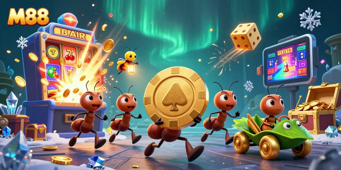 M88 players enjoying a vibrant online casino adventure with golden chips and exciting game elements