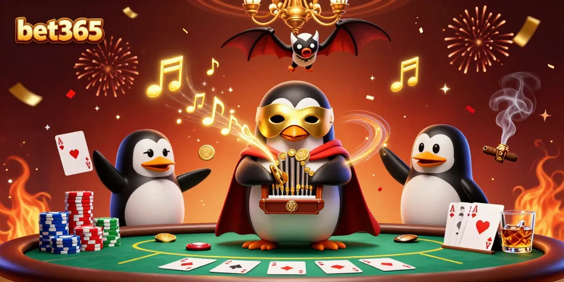 Engage in thrilling poker action with bet365 as a penguin plays a magical organ of coins.
