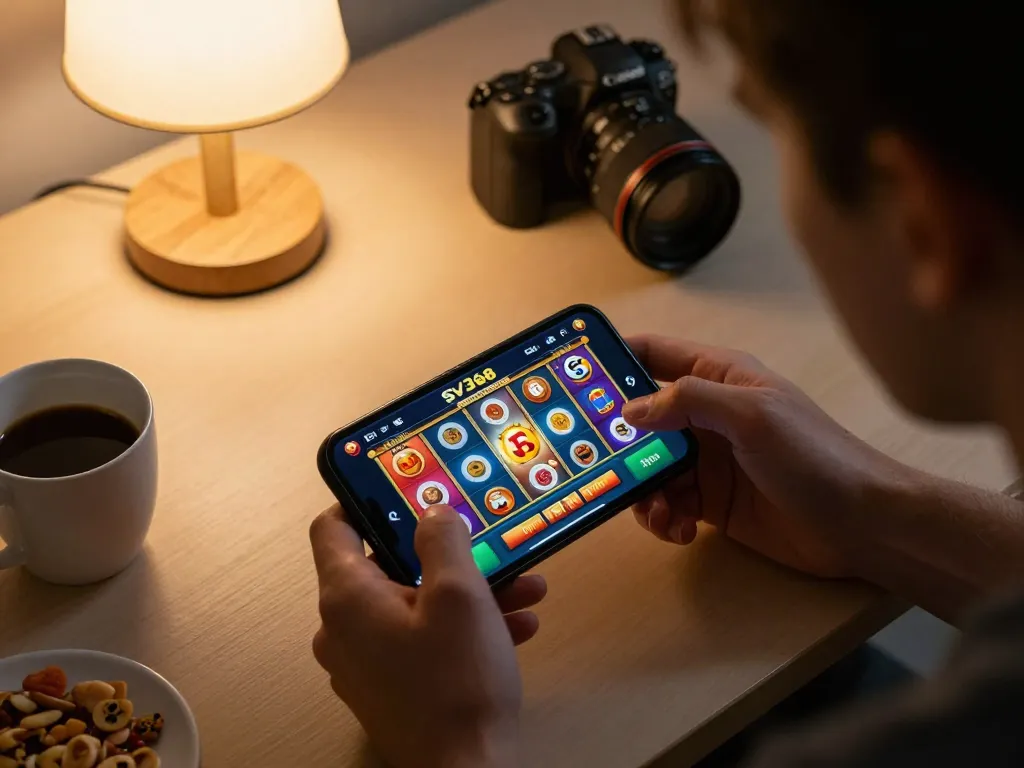 Engaging in online gaming with SV368 app on smartphone, showcasing thrilling slots experience.