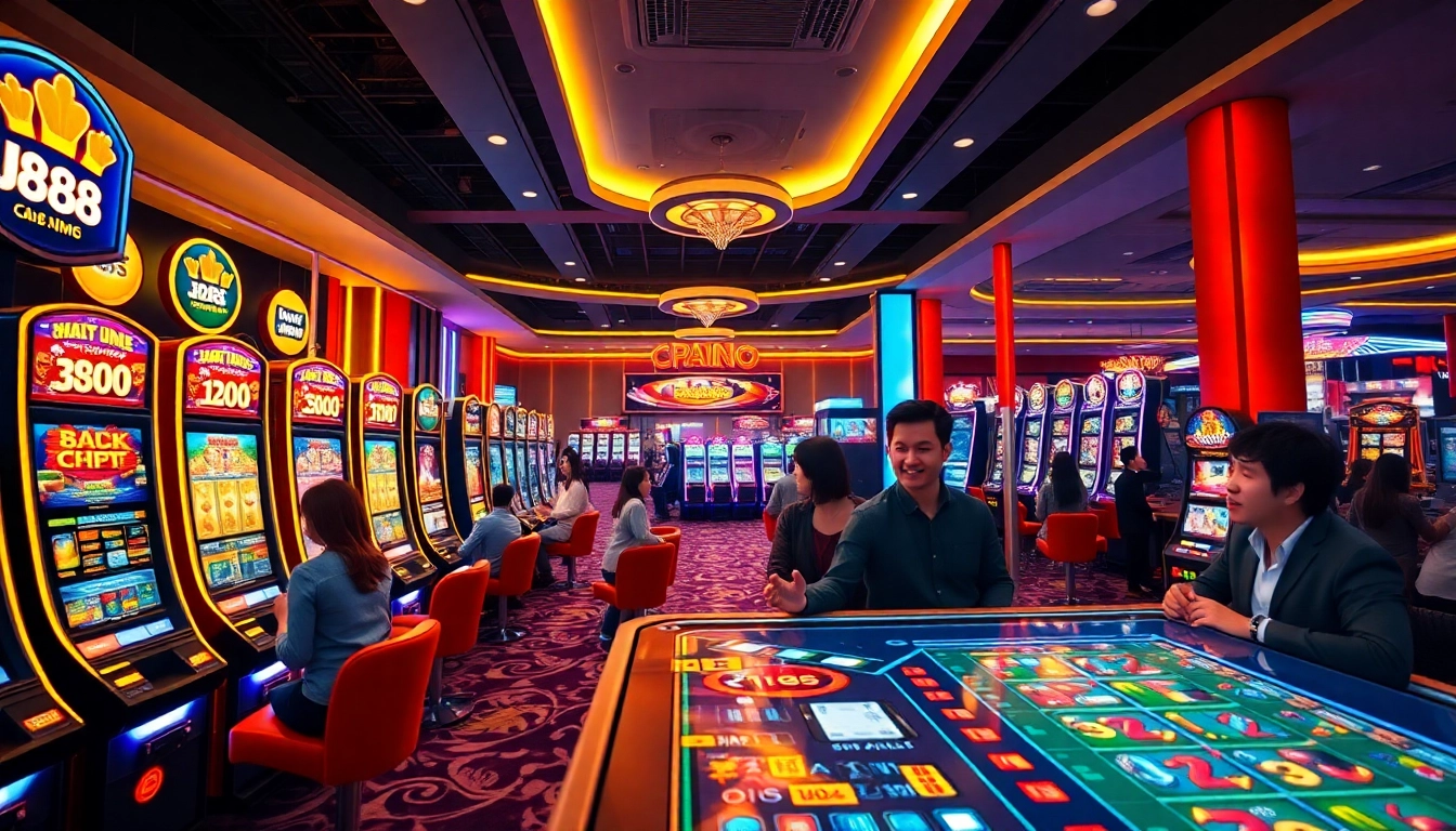 Exciting gaming scene at U888 online casino with vibrant slot machines and enthusiastic players.
