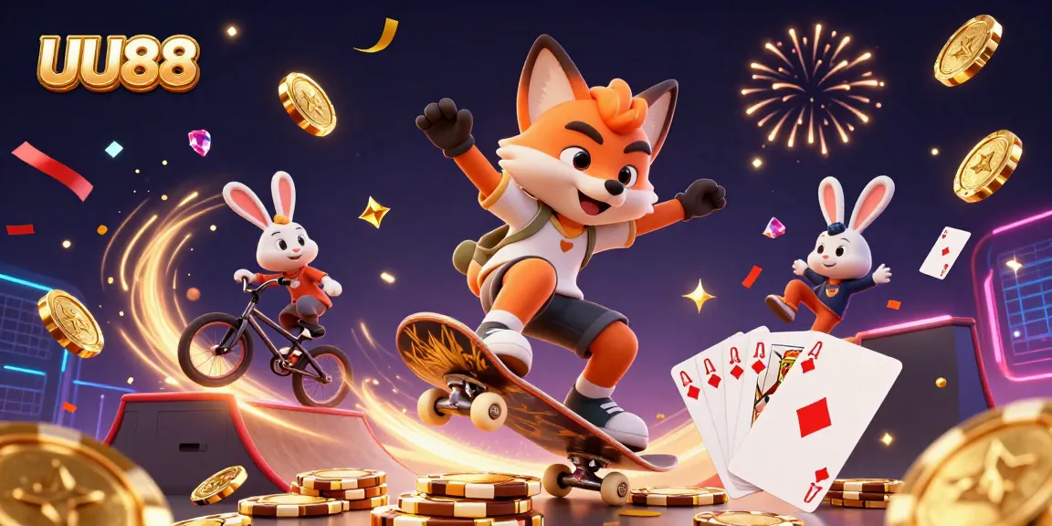 Experience thrilling gaming with UU88 in a vibrant 3D casino scene bursting with energy.