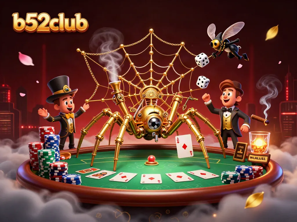 B52club illustration of a steampunk spider ensnaring dice in a dynamic casino scene.