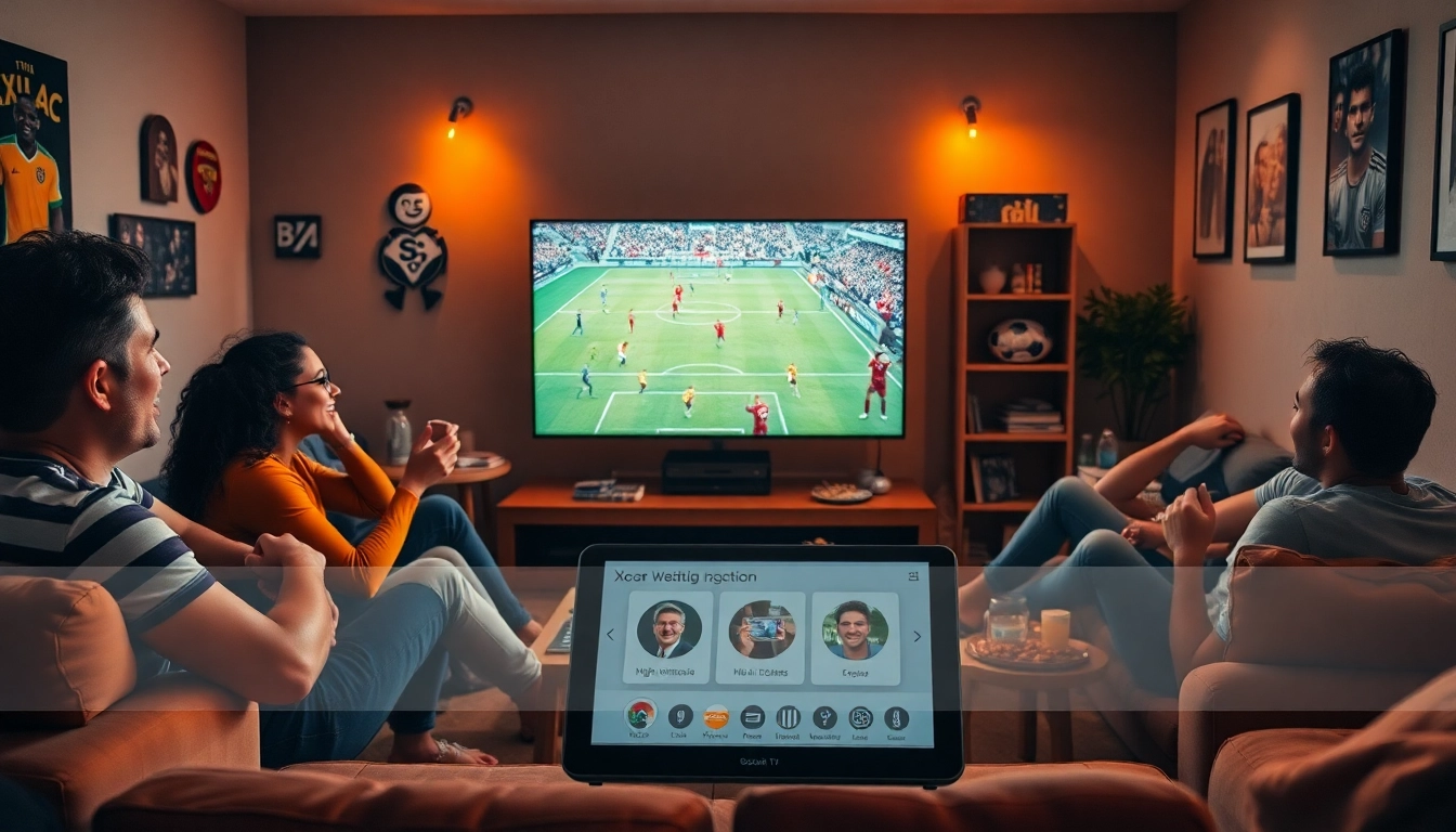 Xoilac TV live streaming football match in a cozy setting, showcasing fan excitement and HD quality.
