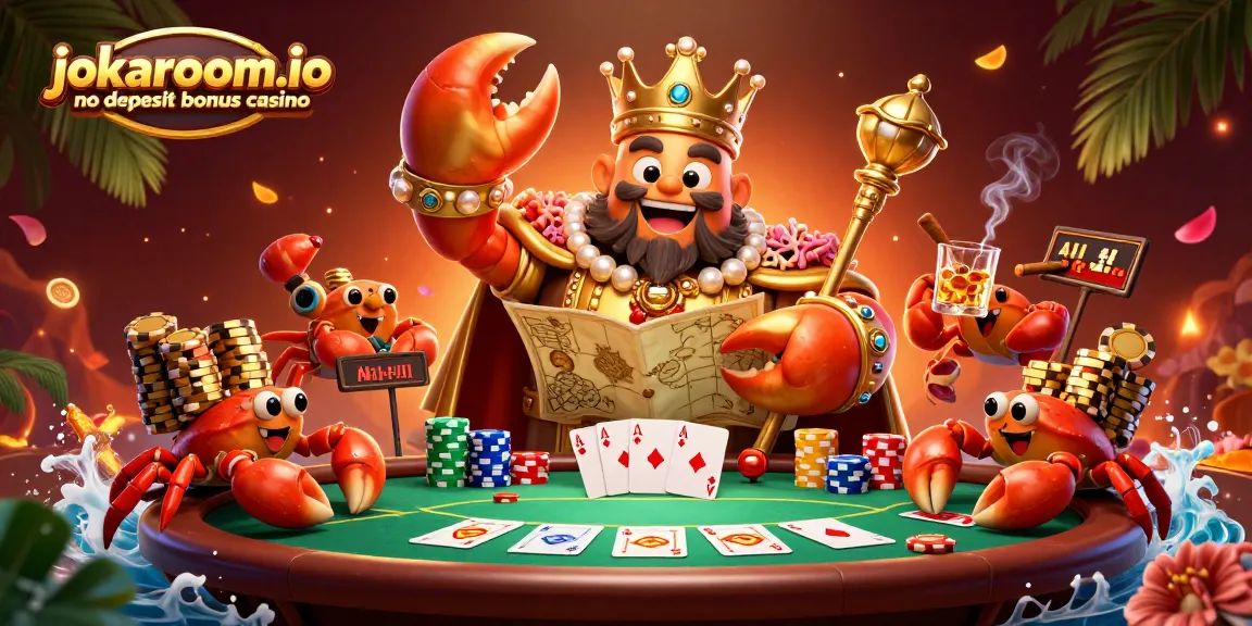 Playing exciting poker at jokaroom.io no deposit bonus casino with a golden crab and rich decorations.