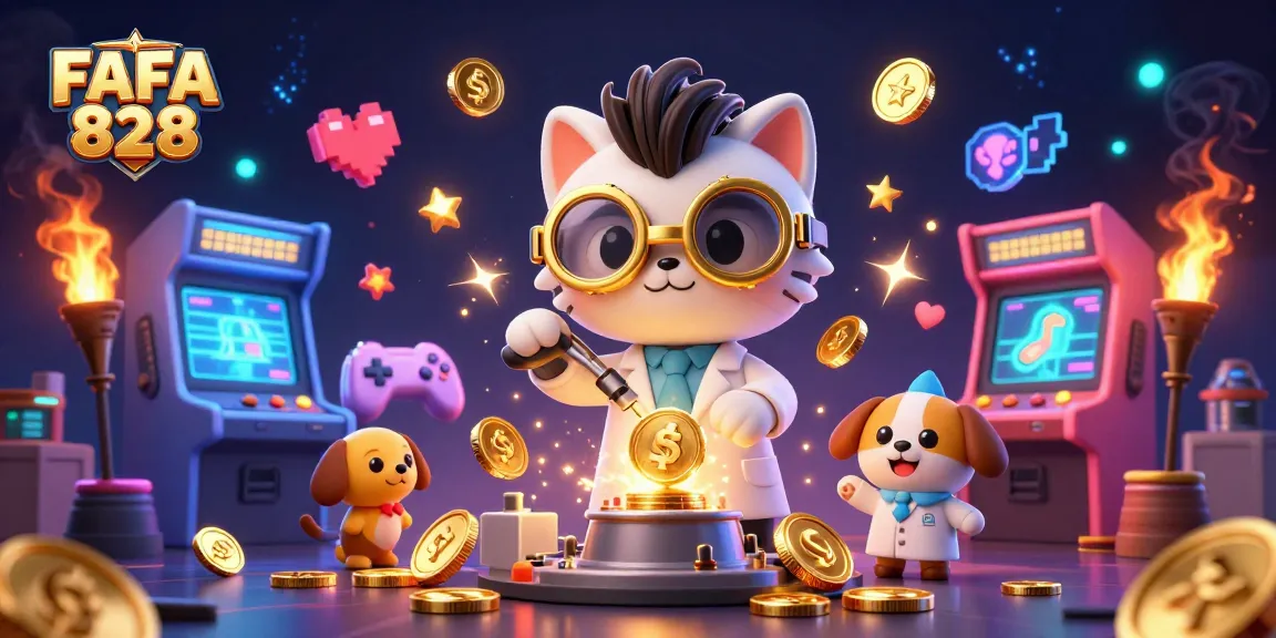 Win big with FAFA 828 as the mad scientist cat crafts gold coins in an energetic casino-themed scene.