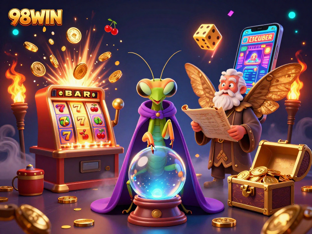 Experience thrilling gaming adventures at 98WIN with vibrant casino elements and enchanting characters.