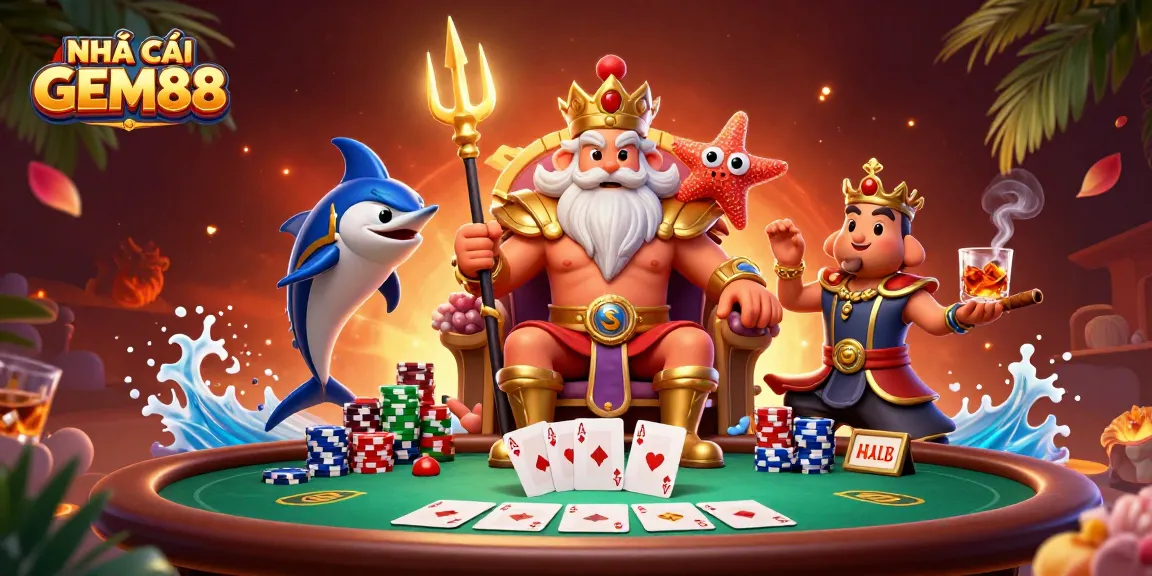 Bet on NHÀ CÁI GEM88 with vibrant casino elements, including poker chips and an exciting scene.