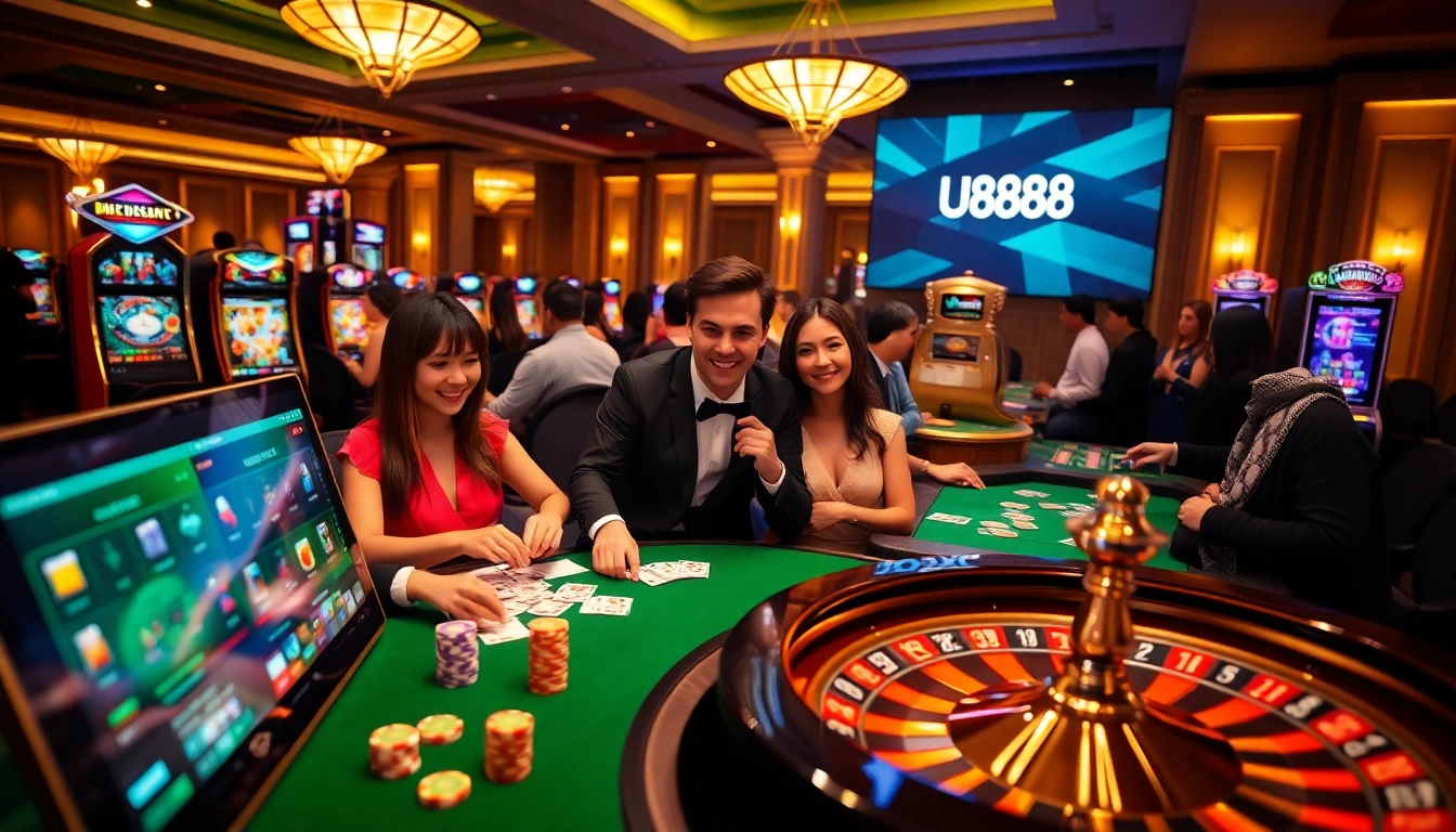 Players immerse in the exciting U888 online casino experience, winning at vibrant tables.