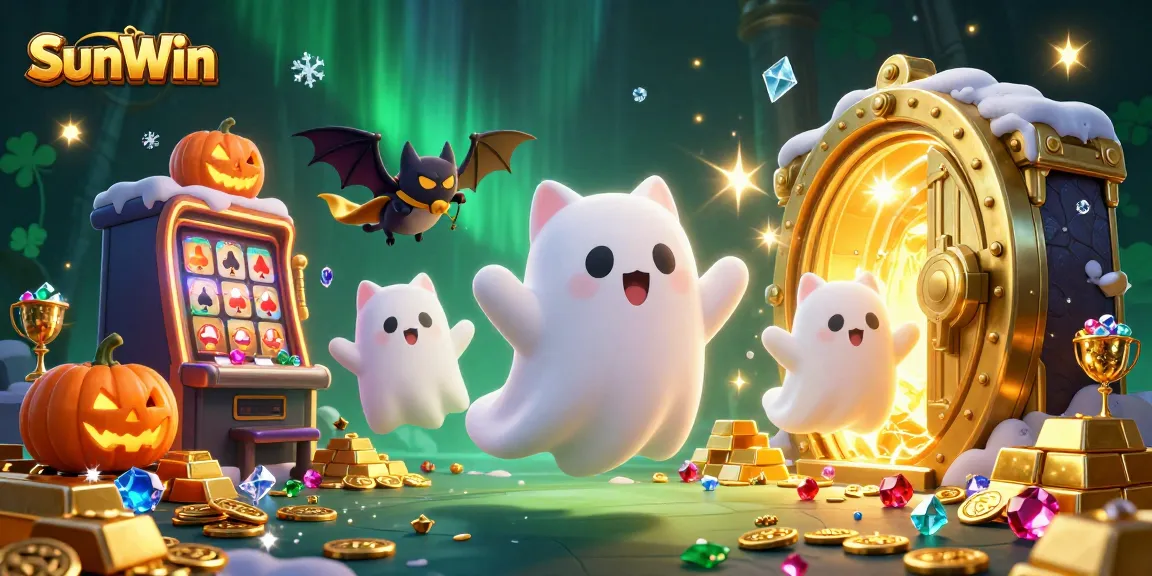 Experience thrilling wins at SunWin, featuring a ghost cat and vampire bat in a vibrant casino scene.