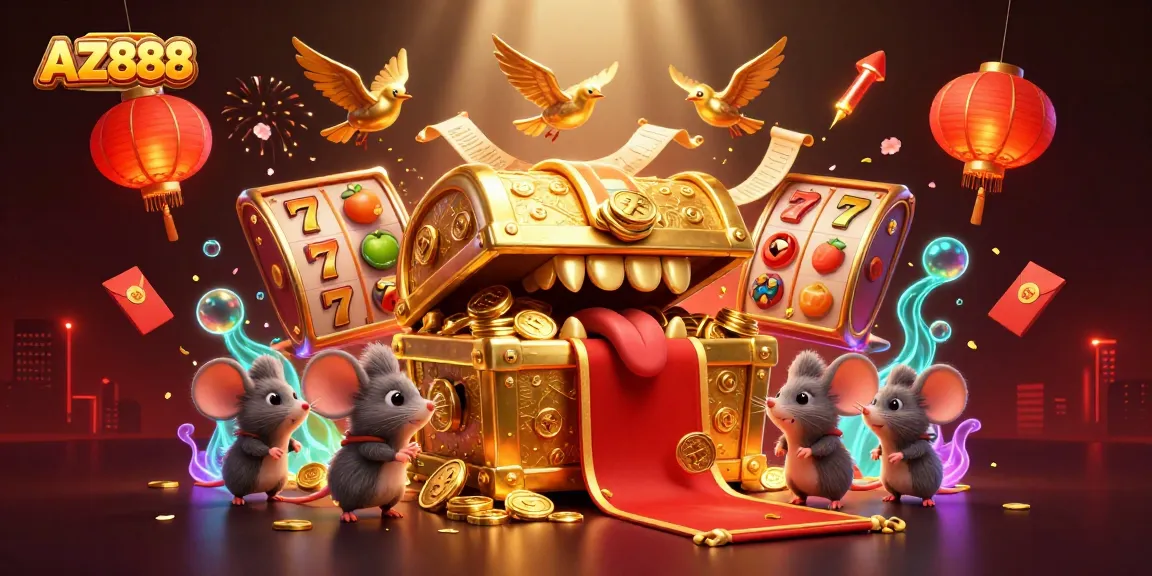 Engage with AZ888's thrilling slots as adventure mice discover riches in a vibrant casino atmosphere.