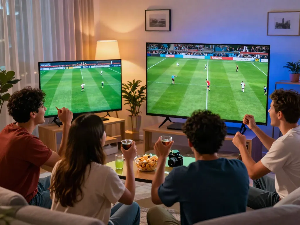Friends enjoying football on CakhiaTV in a vibrant living room