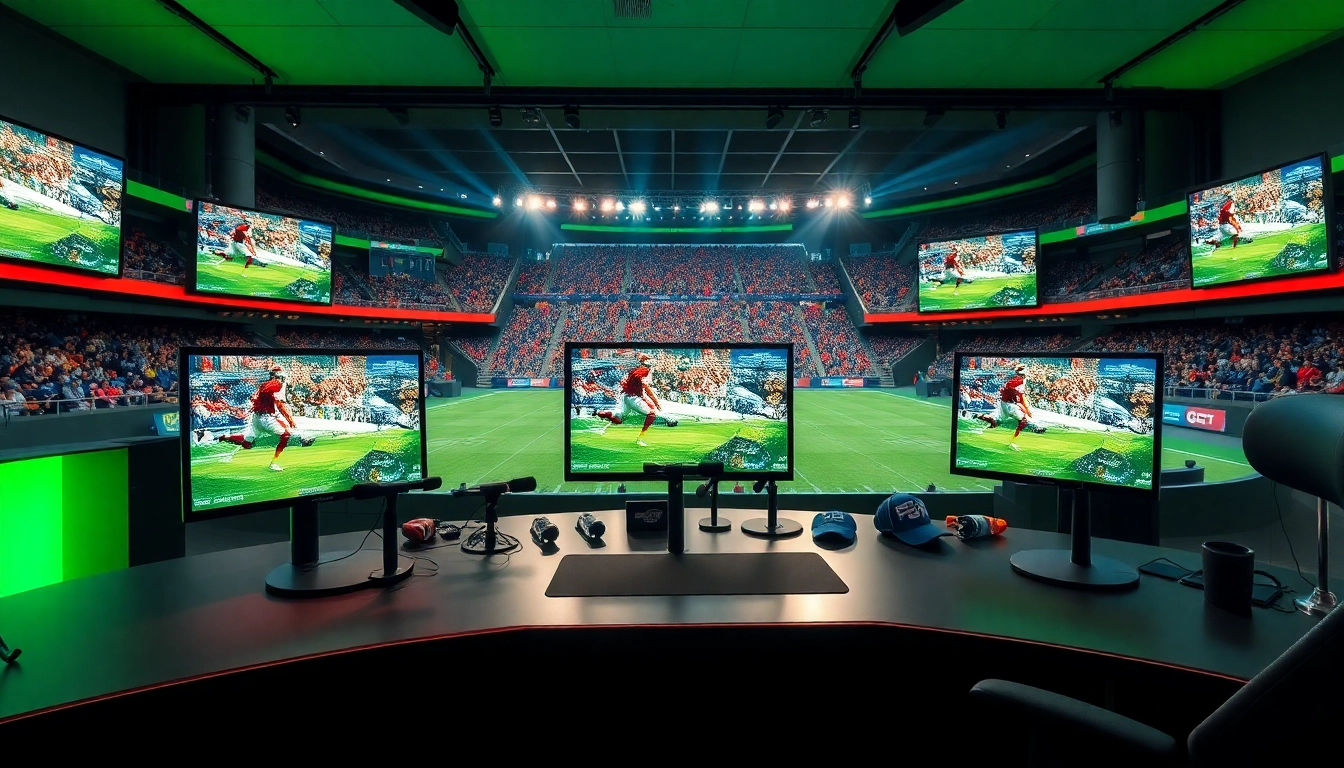 Dynamic scene of sports broadcasting studio with monitors showcasing live sports events.