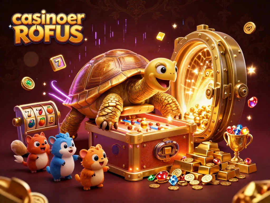 Engage with casinoer uden ROFUS at this vibrant jackpot scene featuring a colossal tortoise and excited animals.