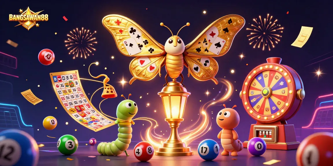 BANGSAWAN88 brings excitement with colorful lottery balls and a golden moth in a vibrant casino scene