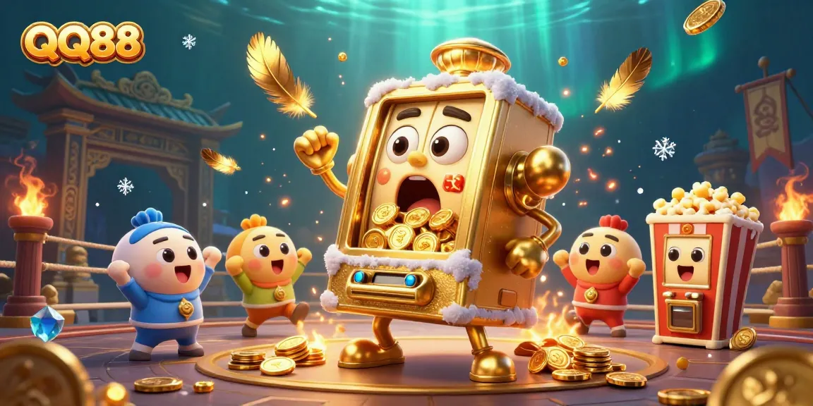 Experience the excitement of QQ88 with golden slot machines hitting jackpots amidst a dynamic casino-themed backdrop.