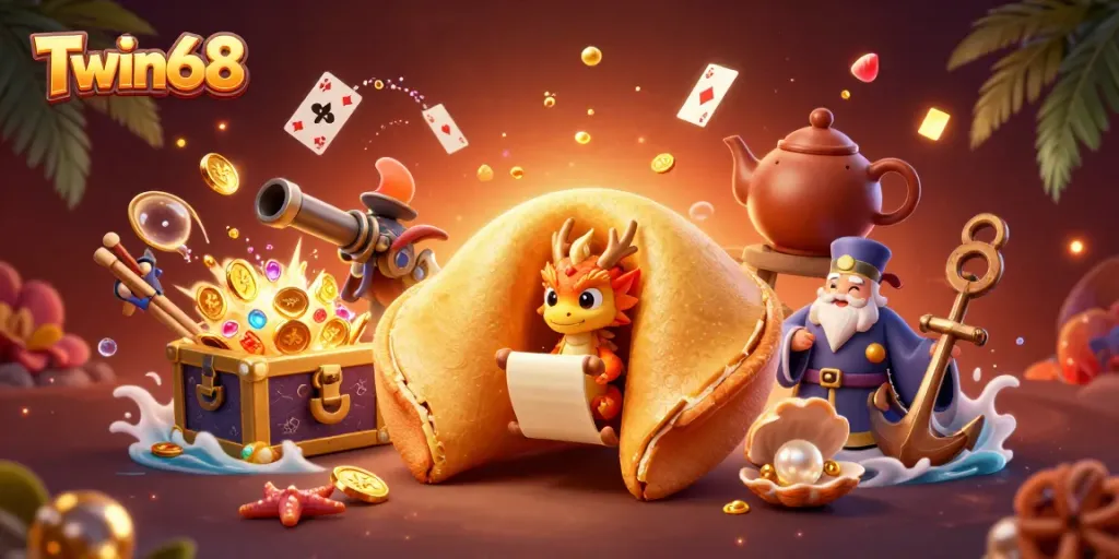 Experience the excitement of Twin68 with a bold illustration of a fortune cookie and dragon among casino treasures.