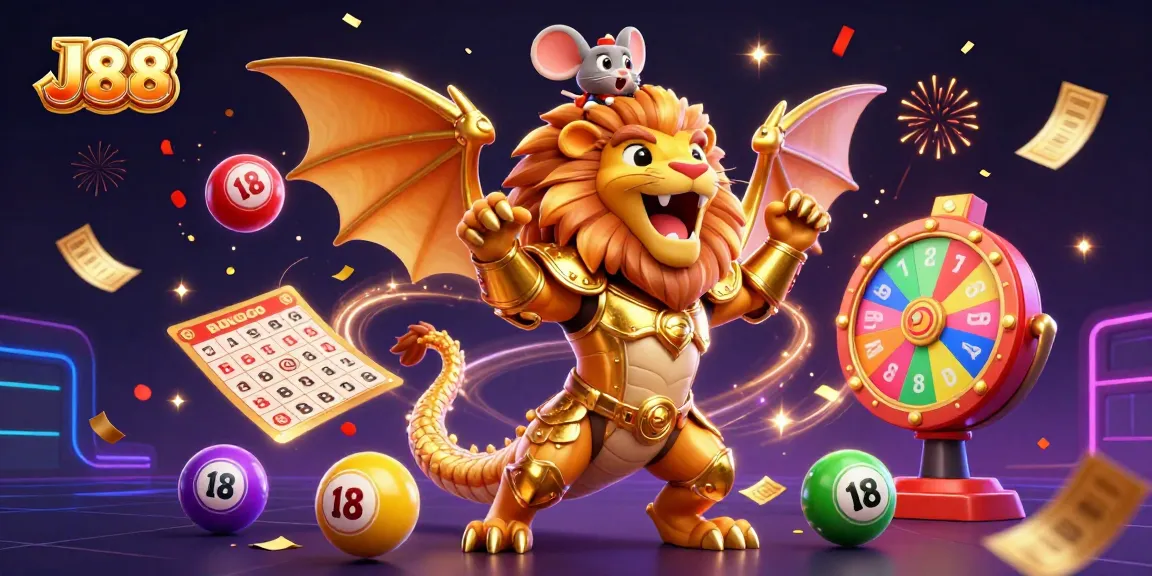 Experience thrilling gaming with J88 as a chimera creature and a mouse jockey dominate colorful lottery elements and festive effects.