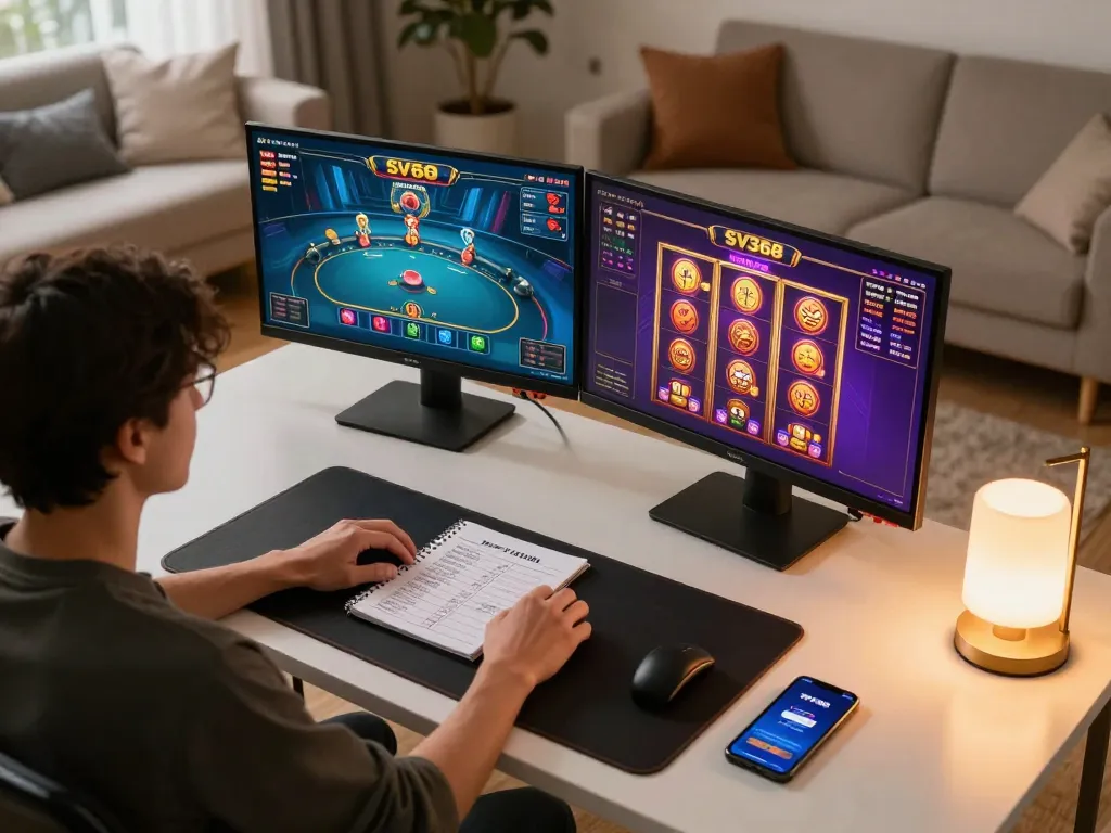 Engaging in online SV368 gaming with vibrant visuals displayed on dual screens.