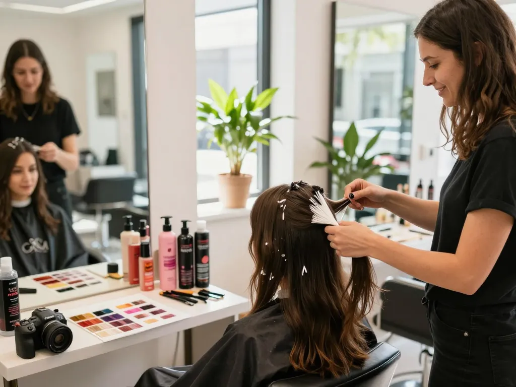 Stylist som applicerar hårfärg frisör färg på en kunds hår i en ljus salong