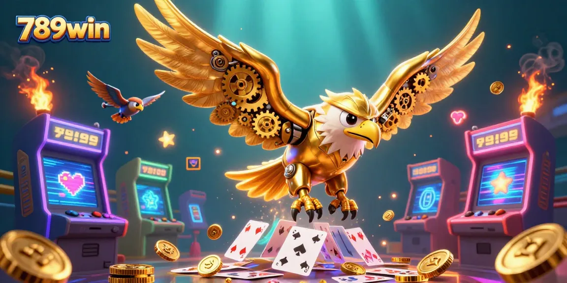 Engage in thrilling gaming experiences at 789win with dynamic 3D casino art illustrating vibrant arcade elements.