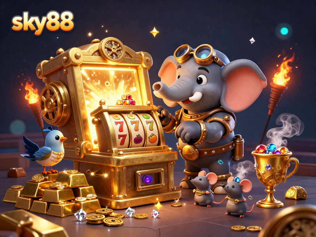 Spin the reels at sky88's golden slot machine with vibrant 3D casino elements.