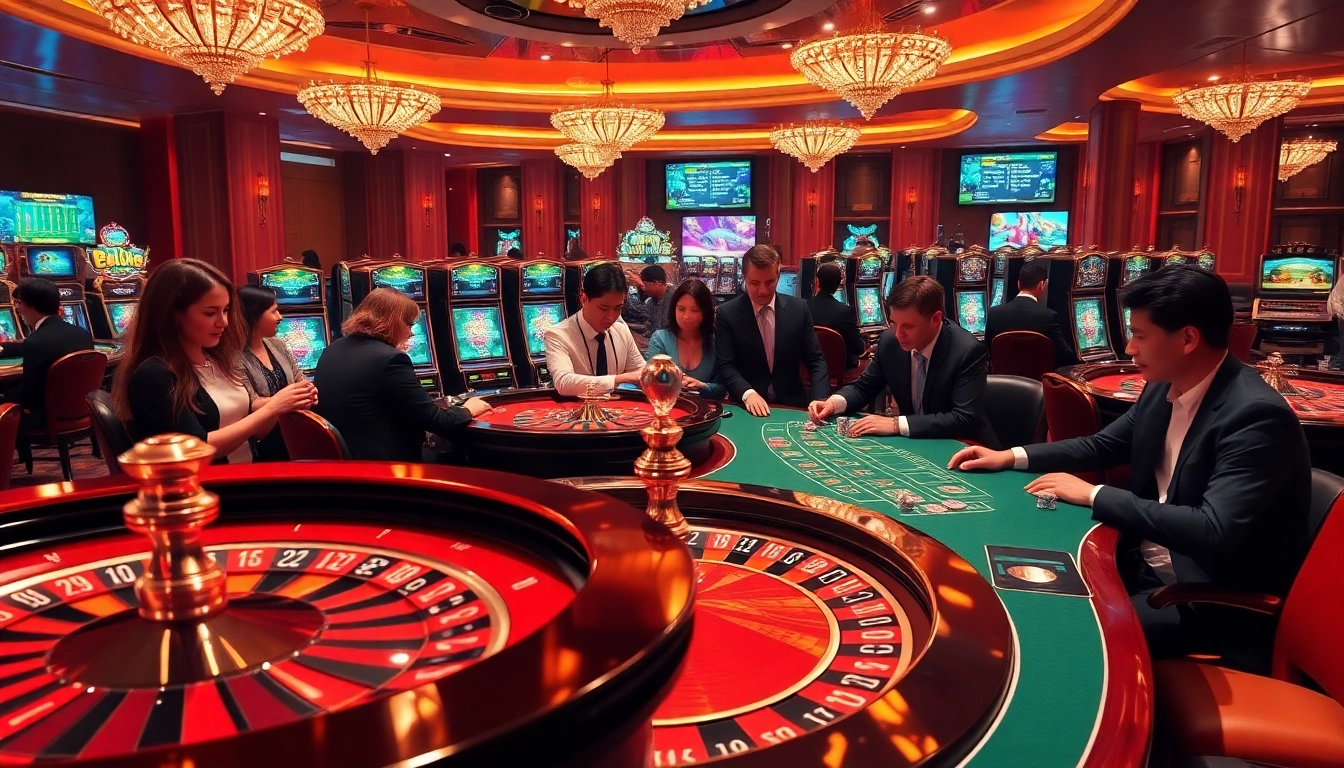 Experience the excitement of casino gaming through https://nhacaiuytinvn.us.com/, showcasing roulette, vibrant slot machines, and engaged players.