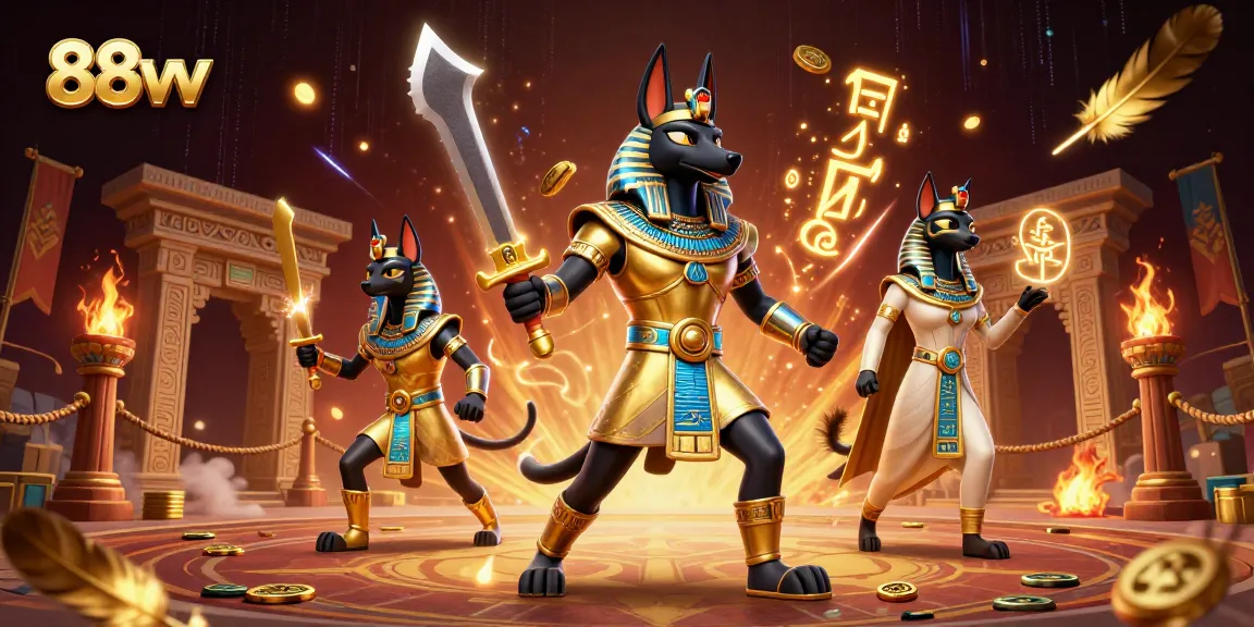 Engage gamblers with the exciting world of 88vv featuring ancient warriors, glowing hieroglyphs, and casino elements.