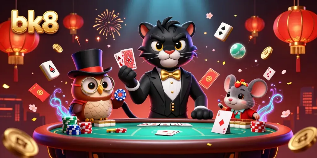 Experience the thrill of poker at bk8 with colorful characters and vibrant casino elements surrounding them.