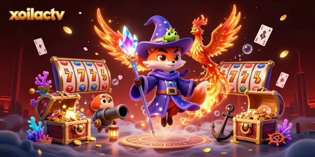 Experience dynamic casino excitement with xoilactv's magical 3D adventure showcasing winning slot machines and vibrant characters.