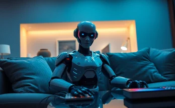 A lifelike sex bot featured in a modern living room, showcasing advanced AI technology and intimate ambiance.