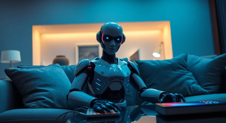 A lifelike sex bot featured in a modern living room, showcasing advanced AI technology and intimate ambiance.