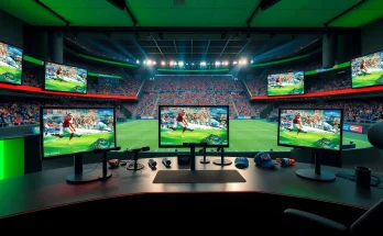 Dynamic scene of sports broadcasting studio with monitors showcasing live sports events.