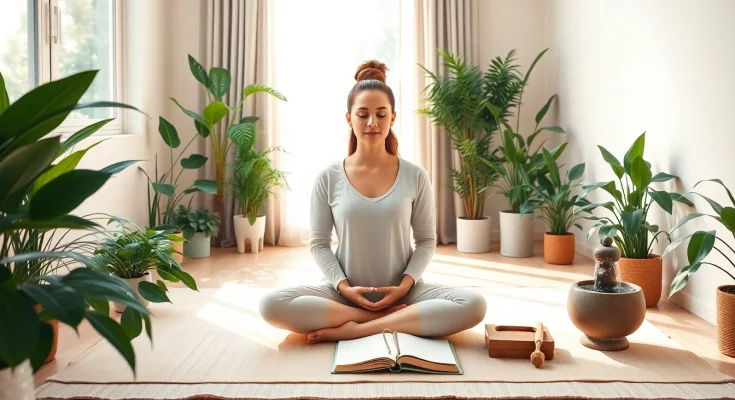 Engage with mental health tips in a serene meditation setting that encourages relaxation and mindfulness.