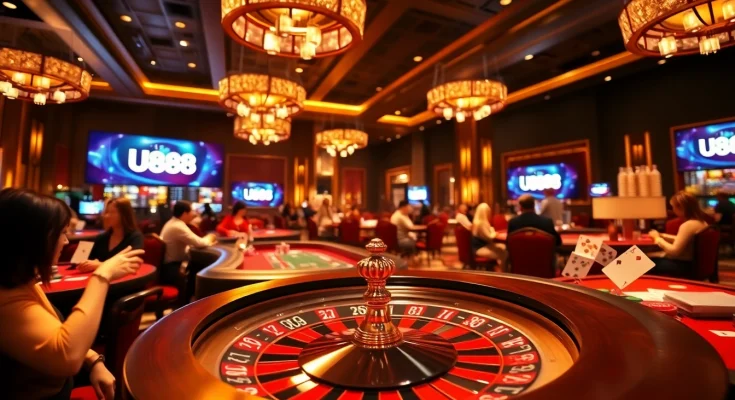 Players engaging in high-stakes games at U888 casino tables, showcasing excitement and luxury.