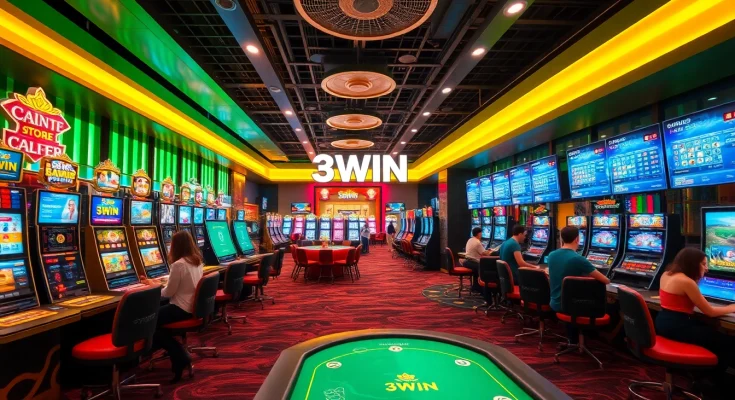 Exciting gaming atmosphere at 3WIN with modern casino elements and vibrant lighting.