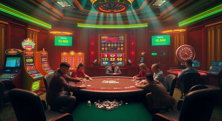 Experience U888 with an electrifying casino scene featuring poker, slots, and roulette.
