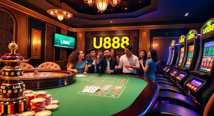 U888 showcases a vibrant casino atmosphere with poker games and luxurious design elements.