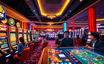 Exciting gaming scene at U888 online casino with vibrant slot machines and enthusiastic players.