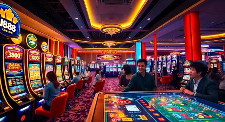 Exciting gaming scene at U888 online casino with vibrant slot machines and enthusiastic players.