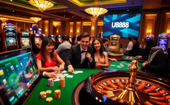 Players immerse in the exciting U888 online casino experience, winning at vibrant tables.