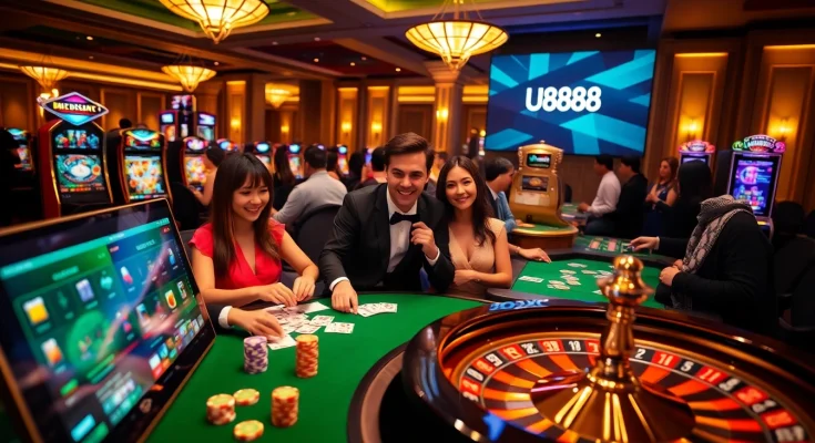 Players immerse in the exciting U888 online casino experience, winning at vibrant tables.