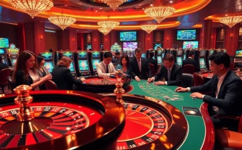 Experience the excitement of casino gaming through https://nhacaiuytinvn.us.com/, showcasing roulette, vibrant slot machines, and engaged players.