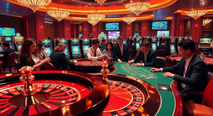 Experience the excitement of casino gaming through https://nhacaiuytinvn.us.com/, showcasing roulette, vibrant slot machines, and engaged players.