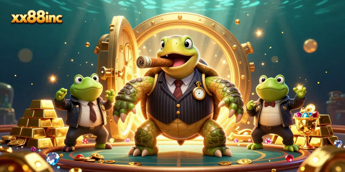 Experience the thrill of XX88inc with a vibrant 3D cartoon scene featuring a snapping turtle and bullfrog enforcers.